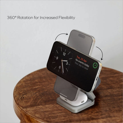 Silver metallic momax q2.mag wireless charging stand with 360-degree rotation for phone watch and earphone charging