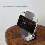 Silver metallic momax q2.mag wireless charging stand with 360-degree rotation for phone watch and earphone charging