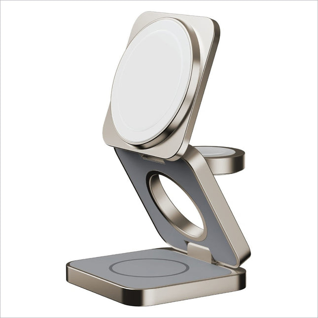 Silver metallic momax q2.mag go 3-in-1 wireless charging stand with dual circular pads and adjustable angle for optimal charging
