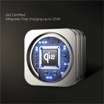 Silver metallic MOMAX q2.mag go wireless charging stand with circular window showing blue circuitry and qi2 logo