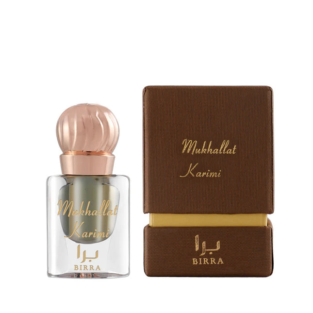 Mukhallat Karimi - Luxury perfume for everyday use, showcased in an elegant glass bottle, featuring floral notes of rose and saffron, and a comforting blend of sandalwood and lily.