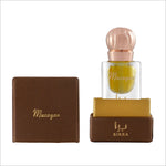 Muzayan attar bottle with a decorative golden cap set in an elegant brown box by Birra, showcasing luxury fragrance packaging.