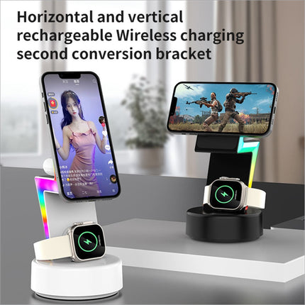 My002 3-in-1 15w wireless charger with rgb lights features dual vertical and horizontal slots for smartphones and smartwatches