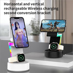 My002 3-in-1 15w wireless charger with rgb lights features dual vertical and horizontal slots for smartphones and smartwatches
