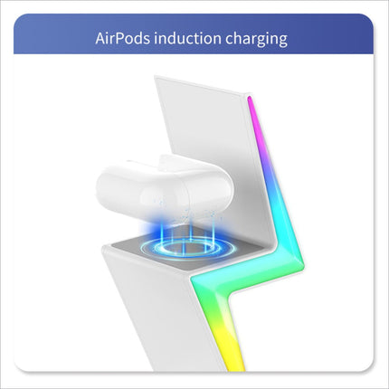 White airpods case on sleek lightning-shaped induction 15w wireless charger stand with rgb color lights