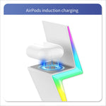 White airpods case on sleek lightning-shaped induction 15w wireless charger stand with rgb color lights