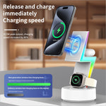 White my002 3-in-1 15w wireless charger stand with lightning bolt design holding iphone and apple watch with rgb lights