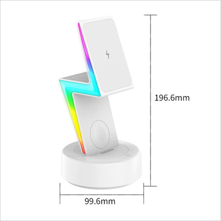 White my002 3-in-1 15w wireless charger with lightning bolt design and rainbow rgb led lighting for phone and headset