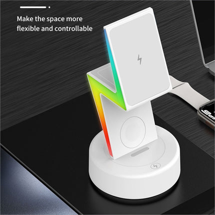 White my002 3-in-1 15w wireless charger stand with lightning bolt design and rgb lighting accents for cell phone and headset