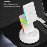 White my002 3-in-1 15w wireless charger stand with lightning bolt design and rgb lighting accents for cell phone and headset