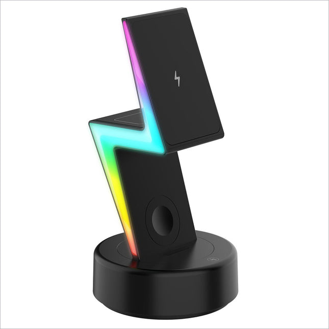 Black lightning-shaped 15w wireless charger with rgb led lighting and sleek modern design for cell phone and headset charging