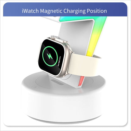 A sleek white 15w wireless charger magnetic stand holding an apple watch at 100% charge with rgb lights