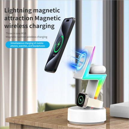 White lightning-shaped 15w wireless charger magnetic wireless charging stand with rgb lighting for cell phone headset