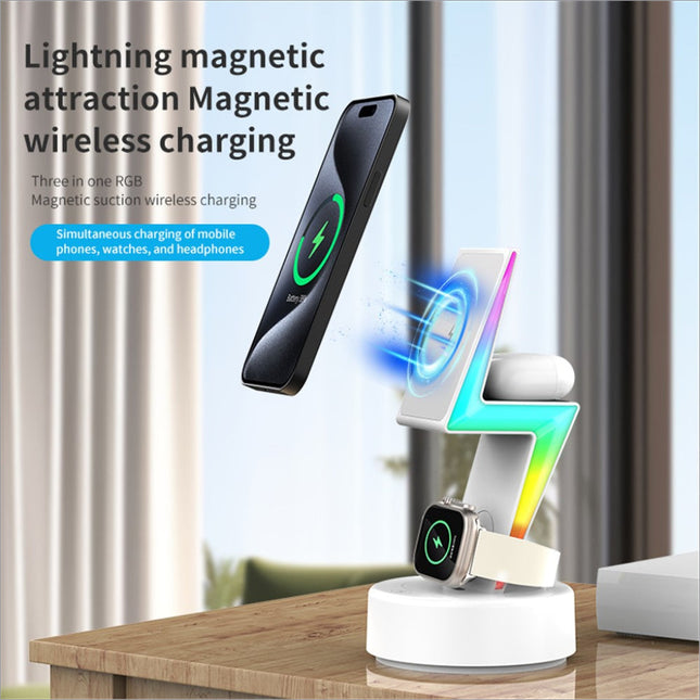 White lightning-shaped 15w wireless charger magnetic wireless charging stand with rgb lighting for cell phone headset