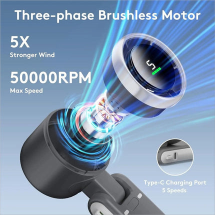 A sleek black and silver n607 portable rechargeable cooling fan with digital display showing 5t and 5 wind speeds