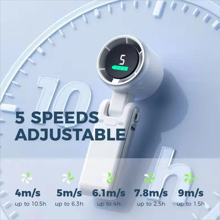 White n607 portable rechargeable handheld fan with digital display, five wind speeds, and green battery indicator