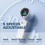 White n607 portable rechargeable handheld fan with digital display, five wind speeds, and green battery indicator