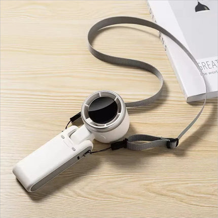 White handheld magnifier with gray strap and black lens for n607 portable rechargeable cooling fan use