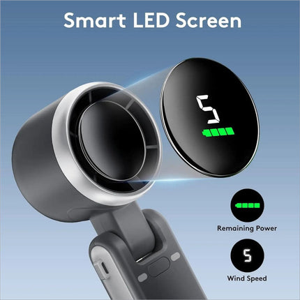 A sleek black and silver n607 portable rechargeable handheld fan with smart led screen showing wind speed and battery level