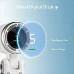 White n607 portable rechargeable cooling fan with circular digital wind speed meter displaying 5 and battery level