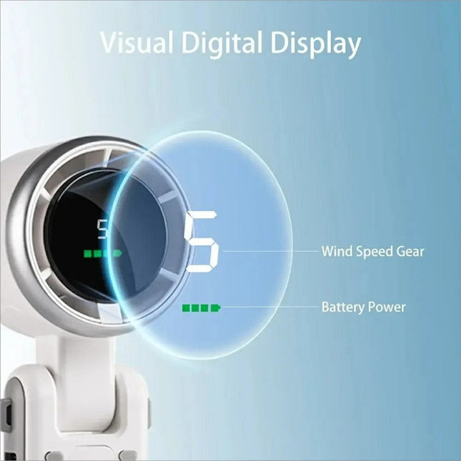 White n607 portable rechargeable cooling fan with circular digital wind speed meter displaying 5 and battery level
