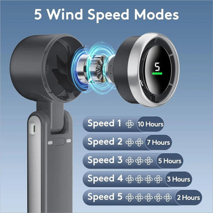 Black and silver n607 portable rechargeable handheld fan with digital display showing 5 wind speeds mode