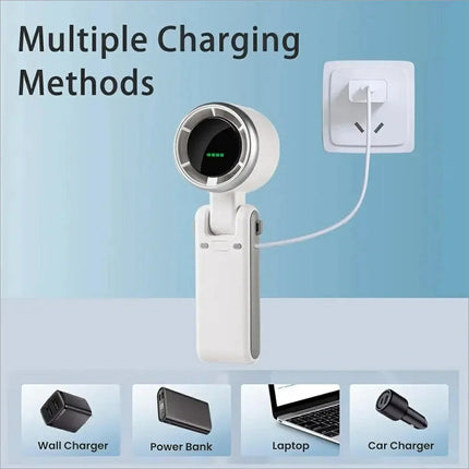 White and silver n607 portable rechargeable cooling fan with circular display and green led indicators for summer use