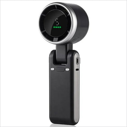 N607 portable rechargeable black and silver handheld cooling fan with digital display showing speed 5 and battery level