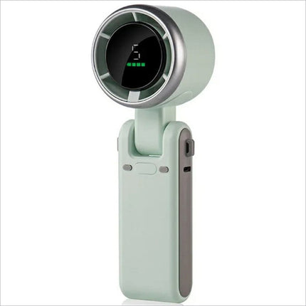 A sleek mint-green n607 portable rechargeable cooling fan with digital display silver accents and five wind speeds