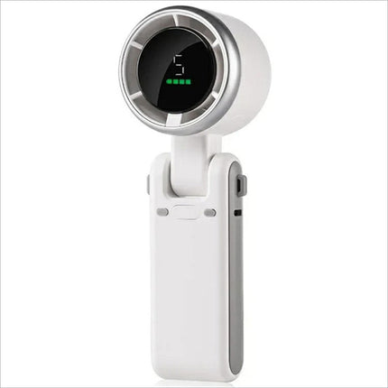 White and silver n607 portable rechargeable handheld fan with digital display showing speed 5 and battery level indicators