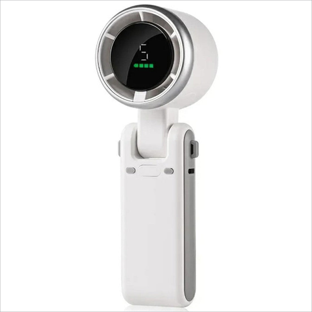 White and silver n607 portable rechargeable handheld fan with digital display showing speed 5 and battery level indicators