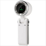 White and silver n607 portable rechargeable handheld fan with digital display showing speed 5 and battery level indicators