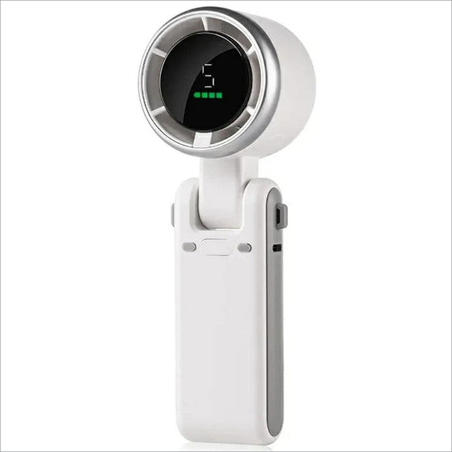 White and silver n607 portable rechargeable handheld fan with digital display showing speed 5 and battery level indicators