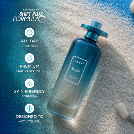 Next aqua eau de parfum in a sleek gradient blue glass bottle with metallic teal cap ideal for perfume and korean skin care