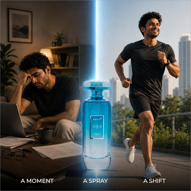 Next aqua eau de perfume bottle in blue with sleek transparent glass and silver cap ideal for perfume and korean skin care use