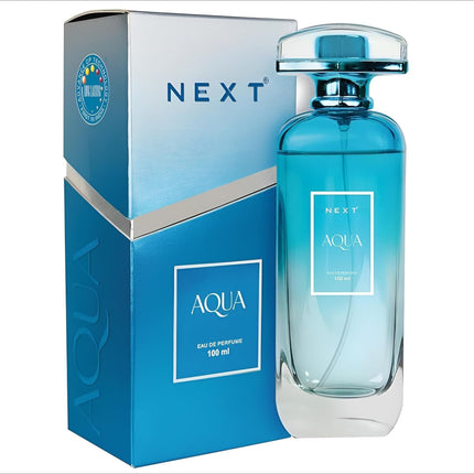 A sleek transparent blue glass bottle of next aqua eau de parfum with silver cap and matching box for skin care and perfume