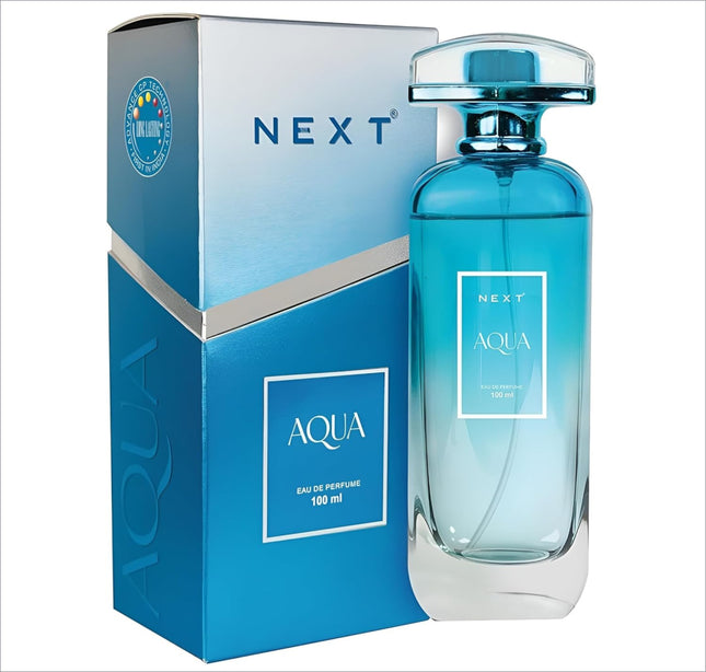 A sleek transparent blue glass bottle of next aqua eau de parfum with silver cap and matching box for skin care and perfume