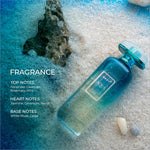 A translucent turquoise glass bottle with a silver label next aqua perfume for korean skin care and fragrance use