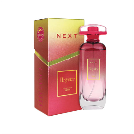 A sleek rectangular glass bottle of next elegance perfume with vibrant pink gradient liquid and gold lettering for skin care