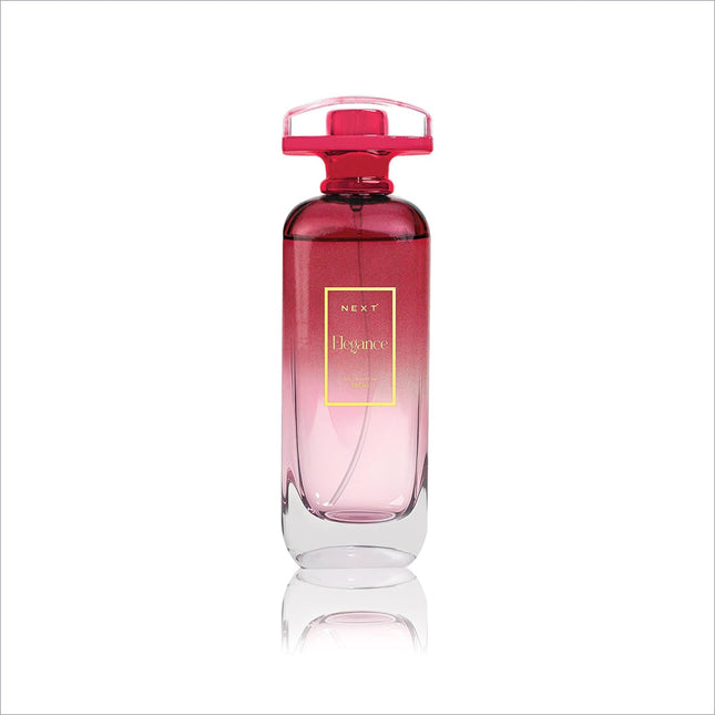 A sleek rectangular glass perfume bottle with pink to clear gradient and magenta cap for korean skin care use