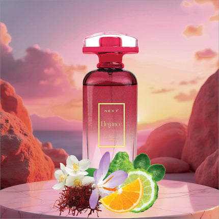 A sleek translucent pink glass perfume bottle with gold embossed next elegance label surrounded by floral elements for korean skin care