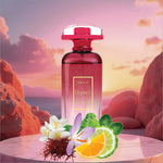 A sleek translucent pink glass perfume bottle with gold embossed next elegance label surrounded by floral elements for korean skin care