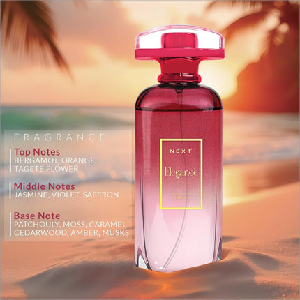 Next Elegance eau de perfume in a sleek glass bottle with gradient pink liquid and fuchsia cap for korean skin care