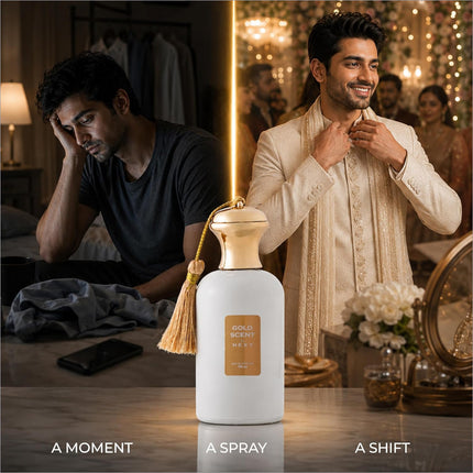 A sleek white perfume bottle labeled gold scent next with a gold cap and tassel for skin care fragrance use