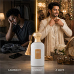 A sleek white perfume bottle labeled gold scent next with a gold cap and tassel for skin care fragrance use