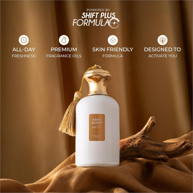 White next gold scent perfume bottle with gold-toned cap and tassel for skin care and fragrance use