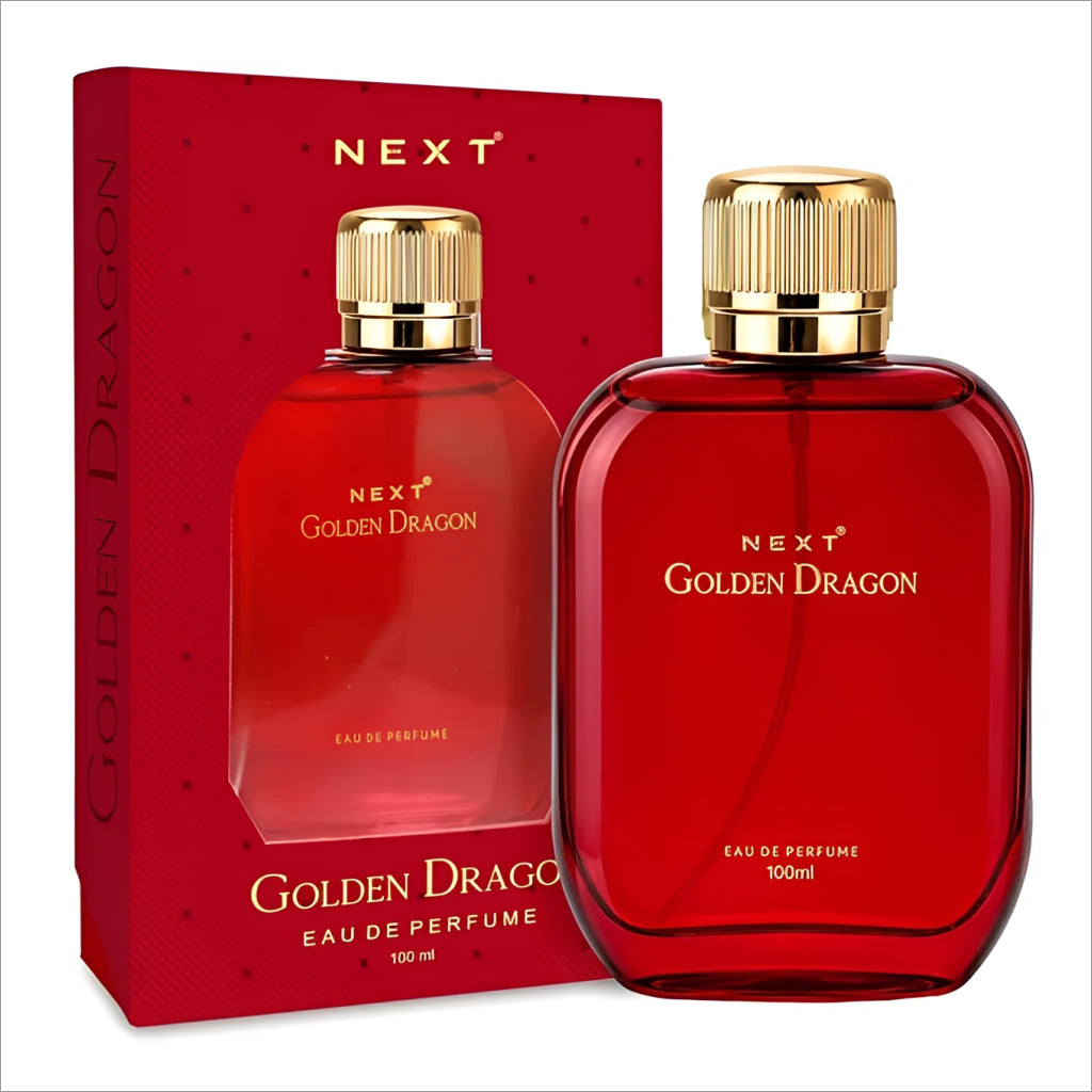 Red glass bottle of next golden dragon perfume with gold cap and matching red box for skin care fragrance