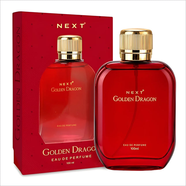 Red glass bottle of next golden dragon perfume with gold cap and matching red box for skin care fragrance