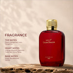 A sleek deep red glass perfume bottle with gold-toned ribbed cap and embossed branding for golden dragon perfume