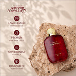 A sleek deep red glass bottle of Next Golden Dragon eau de perfume with a polished gold cap for skin care